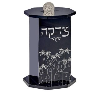 Picture of Acrylic Hexagon Tzedakah Box Jerusalem Design Black 3.75" x 5.6"